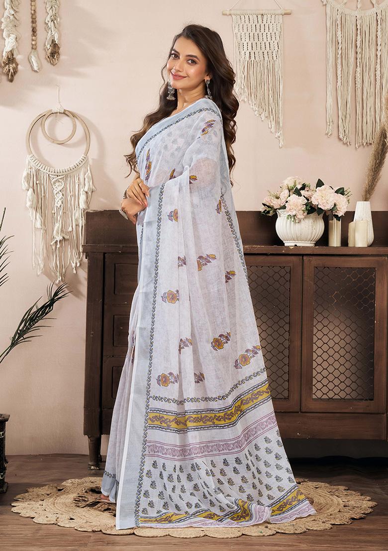 Off White Motif Cotton Blend Saree Set - Indya