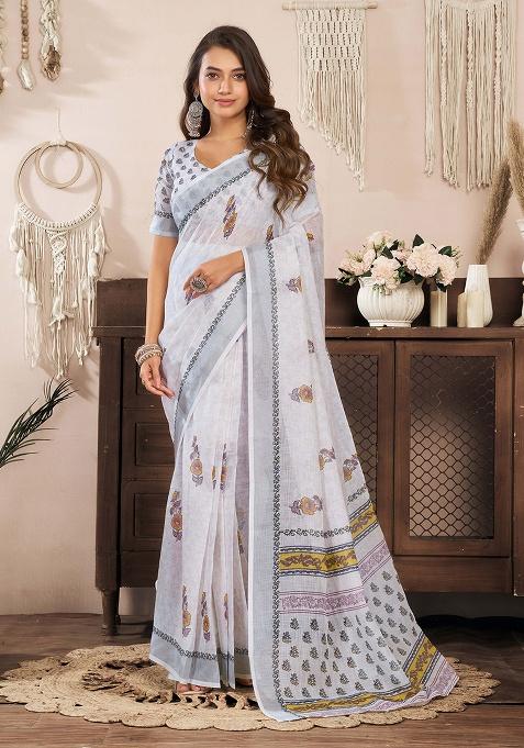Off White Motif Cotton Blend Saree Set