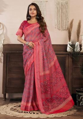 Red Motif Cotton Blend Saree Set