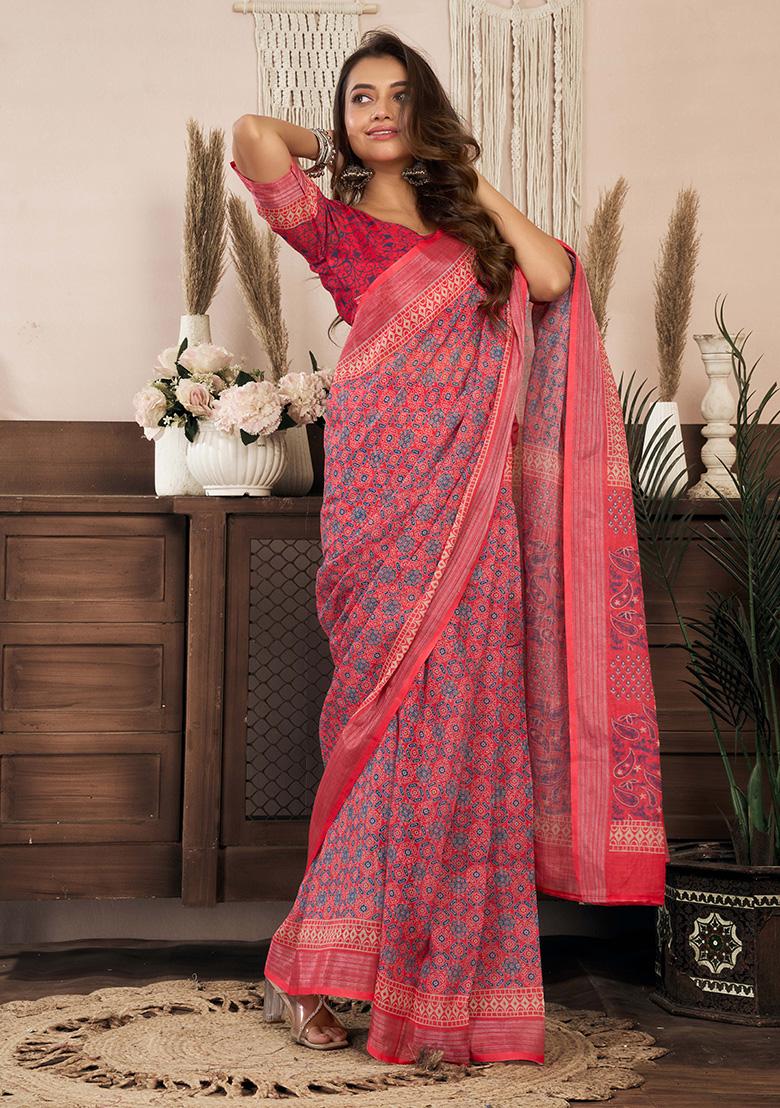 Red Motif Cotton Blend Saree Set - Indya