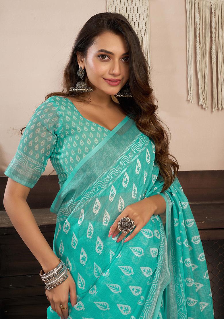 Sea Green Motif Cotton Blend Saree Set - Indya