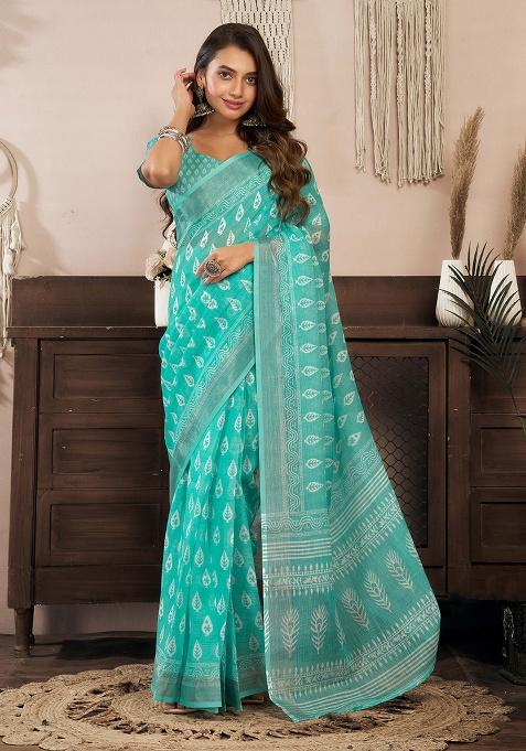 Sea Green Motif Cotton Blend Saree Set