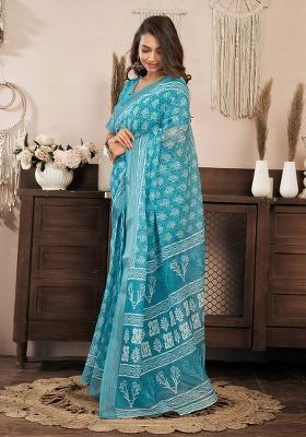 Aqua Blue Motif Cotton Blend Saree Set