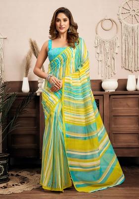 Light Aqua Blue Motif Cotton Blend Saree Set