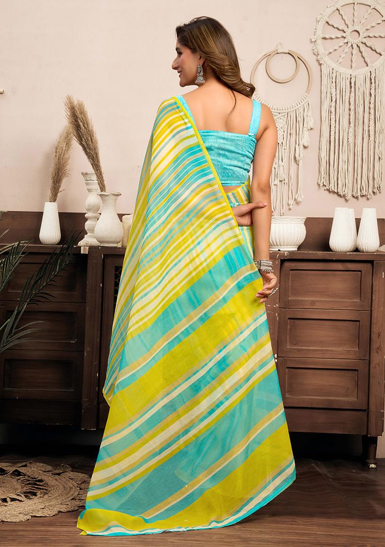 Light Aqua Blue Motif Cotton Blend Saree Set - Indya