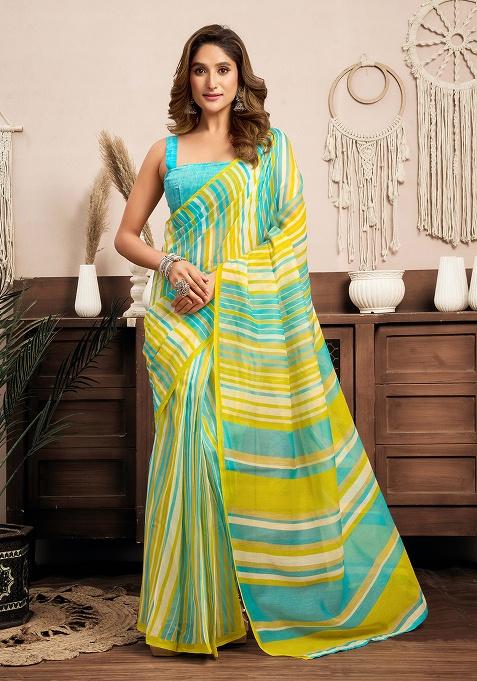 Light Aqua Blue Motif Cotton Blend Saree Set