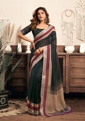 Black Motif Cotton Blend Saree Set