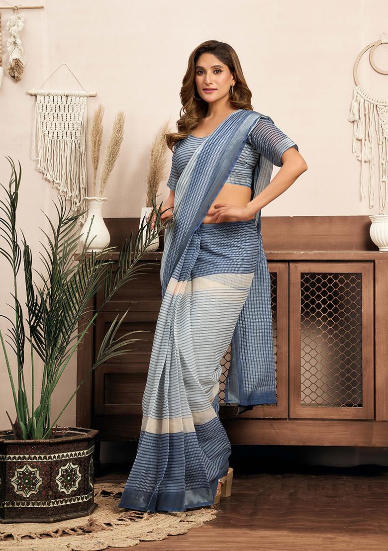 Light Blue Motif Cotton Blend Saree Set - Indya