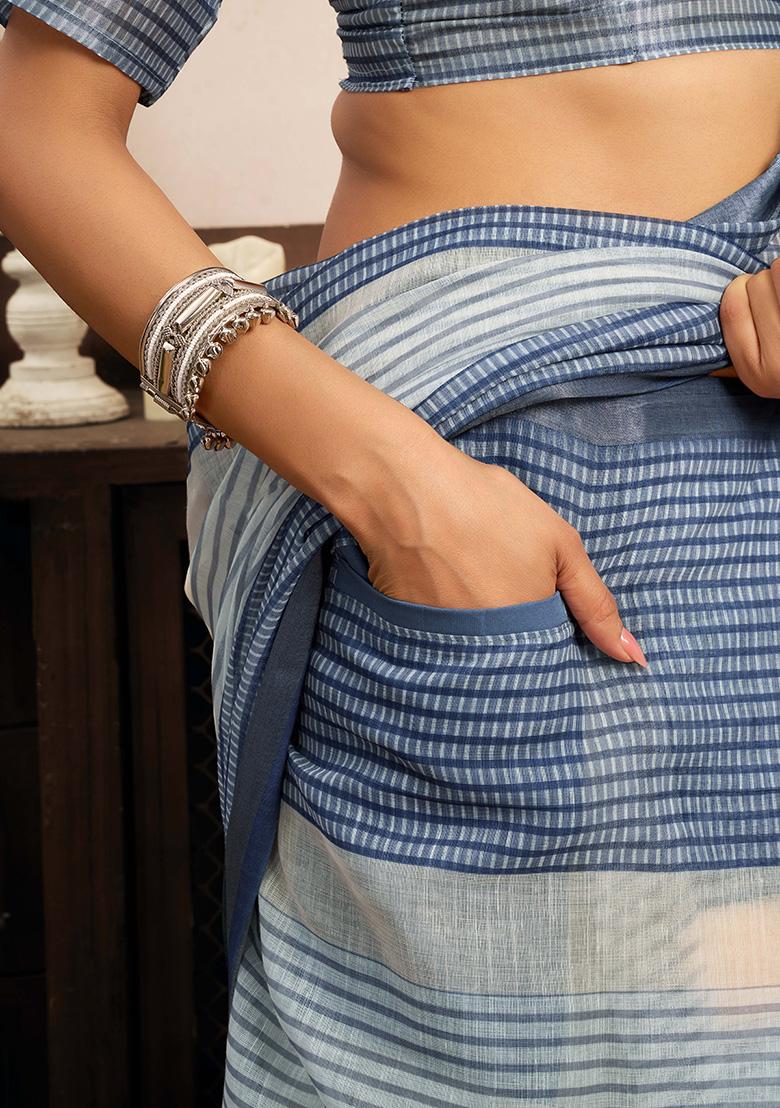 Light Blue Motif Cotton Blend Saree Set - Indya