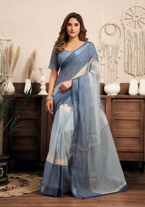 Light Blue Motif Cotton Blend Saree Set