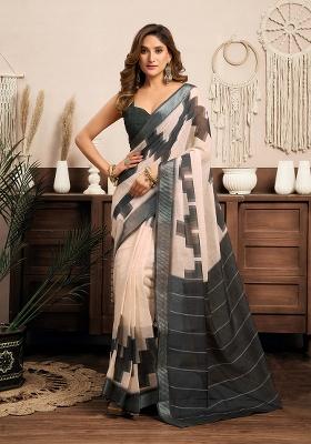Light Beige Motif Cotton Blend Saree Set