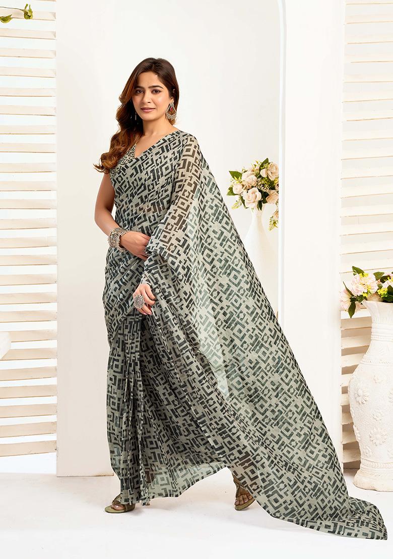 Grey Motif Cotton Blend Saree Set - Indya