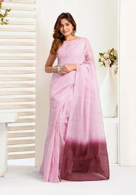 Light Pink Motif Cotton Blend Saree Set