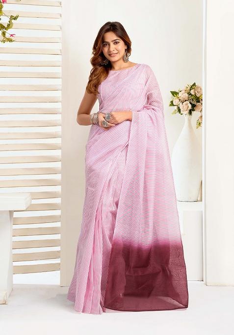 Light Pink Motif Cotton Blend Saree Set