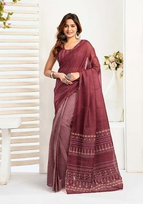 Maroon Motif Cotton Blend Saree Set