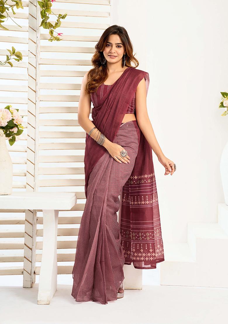 Maroon Motif Cotton Blend Saree Set - Indya
