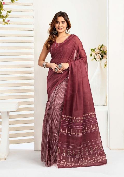 Maroon Motif Cotton Blend Saree Set
