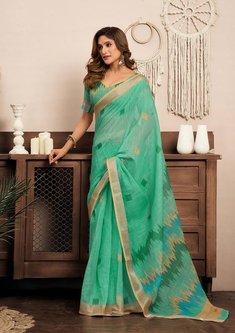 Light Green Motif Cotton Blend Saree Set - Indya