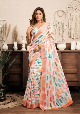 Multicolor Motif Cotton Blend Saree Set