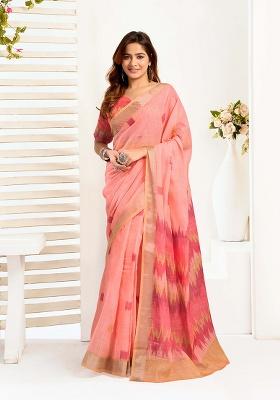 Peach Motif Cotton Blend Saree Set