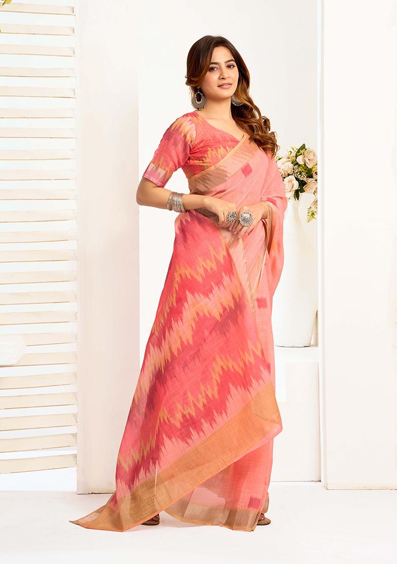 Peach Motif Cotton Blend Saree Set - Indya