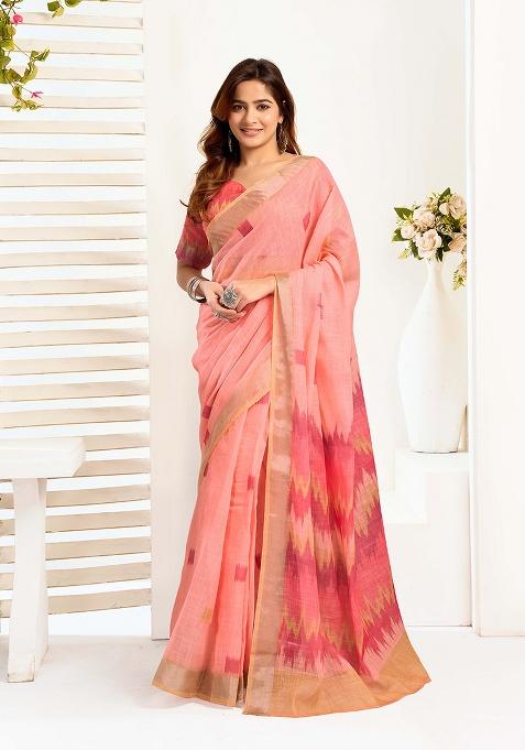 Peach Motif Cotton Blend Saree Set