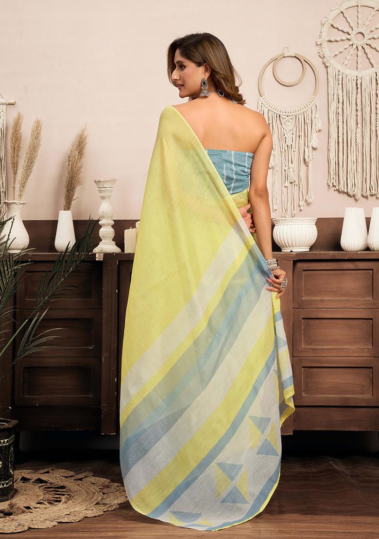 Light Yellow Motif Cotton Blend Saree Set - Indya