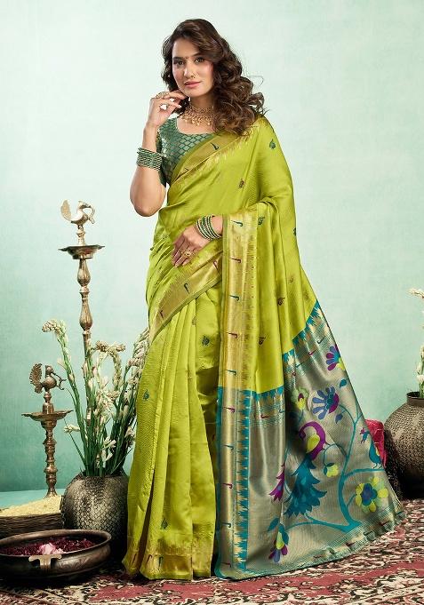 Lime Motif Silk Saree Set