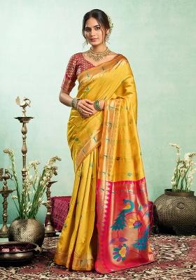 Mustard Motif Silk Saree Set