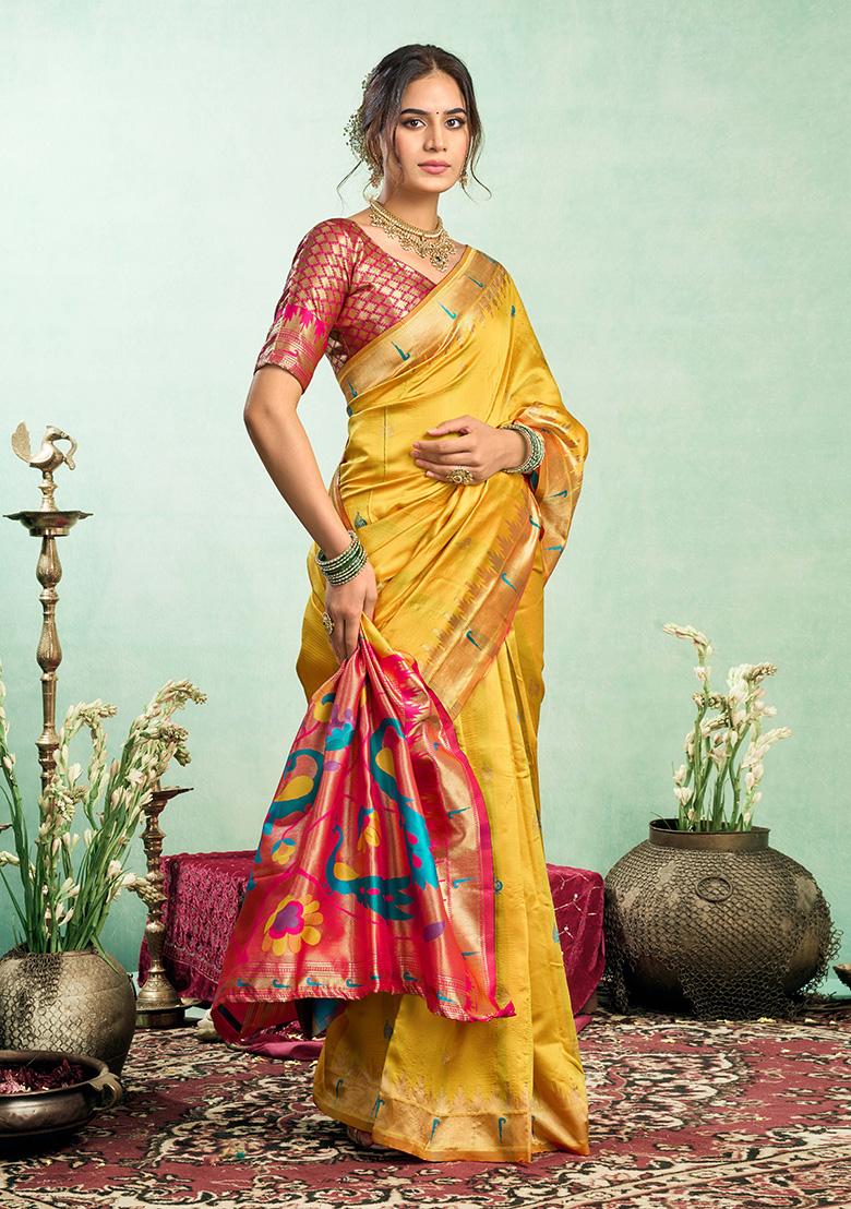 Mustard Motif Silk Saree Set - Indya