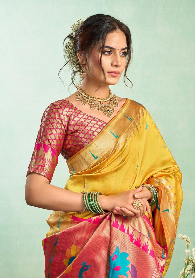 Mustard Motif Silk Saree Set - Indya
