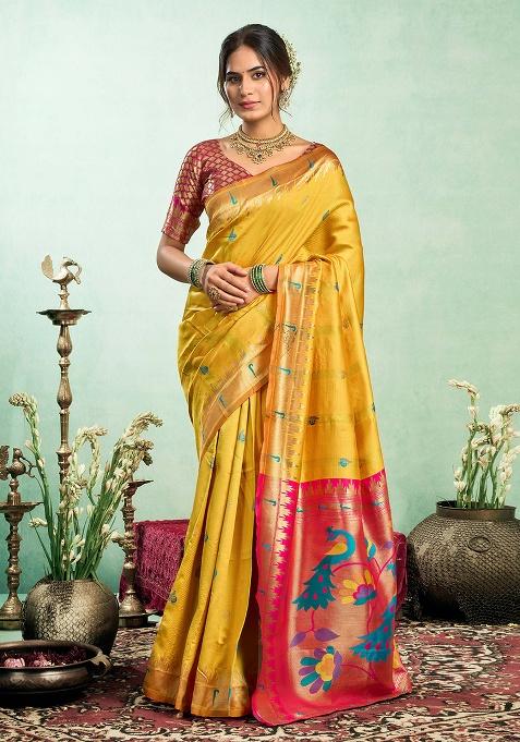 Mustard Motif Silk Saree Set