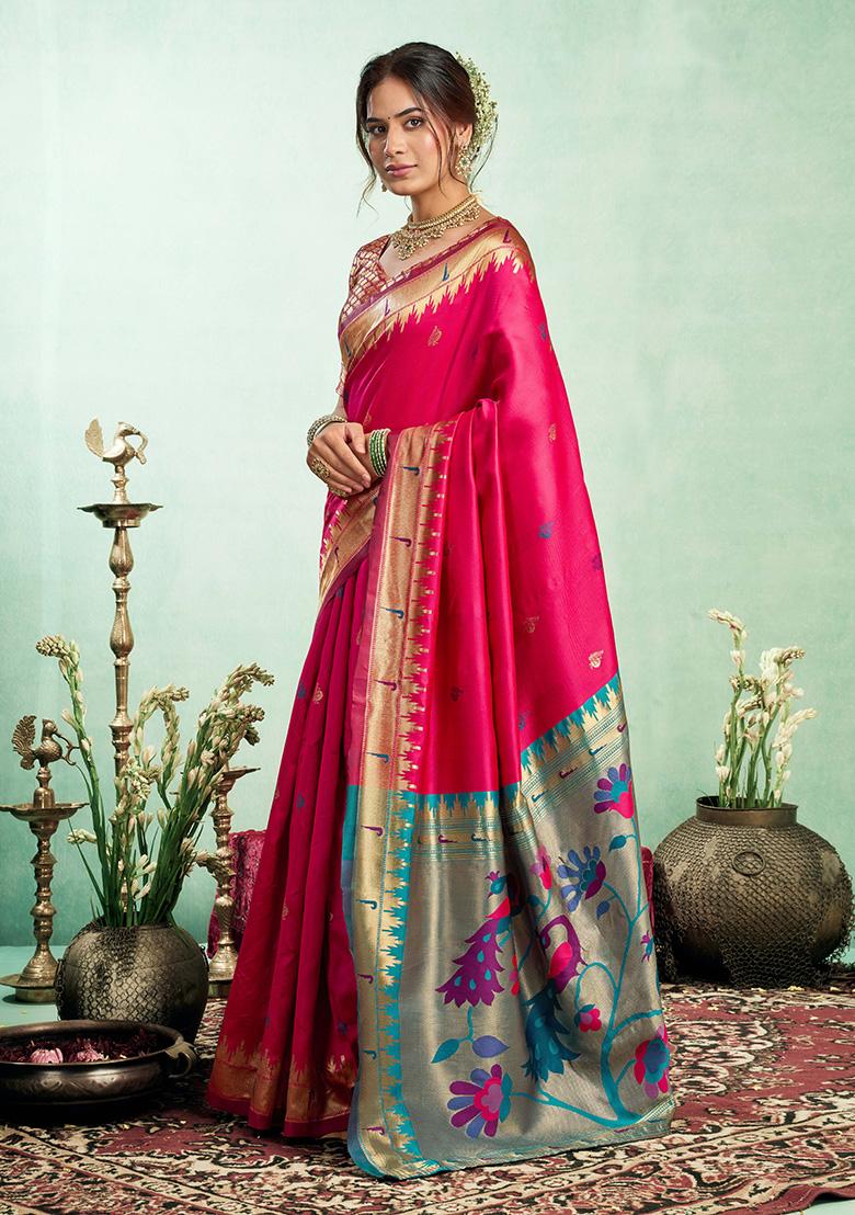 Pink Motif Silk Saree Set - Indya