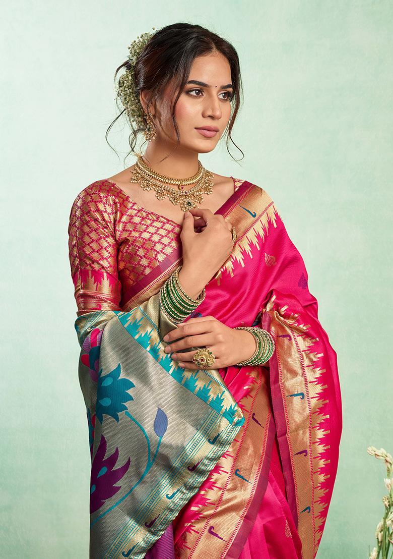 Pink Motif Silk Saree Set - Indya