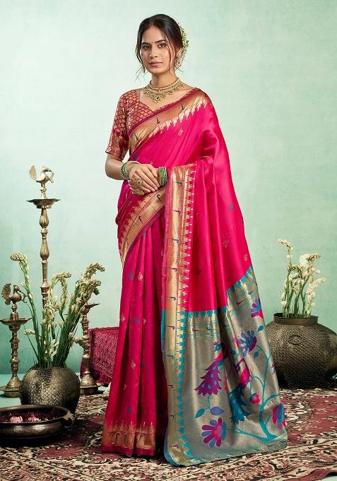 Pink Motif Silk Saree Set