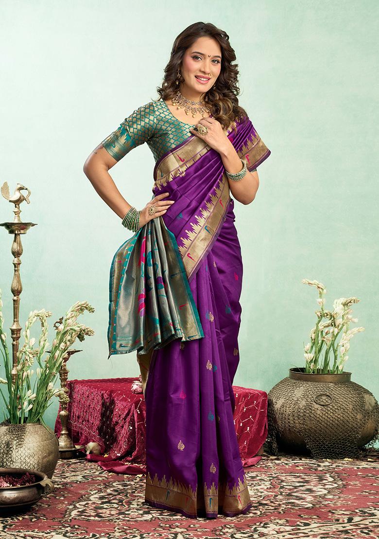 Purple Motif Silk Saree Set - Indya