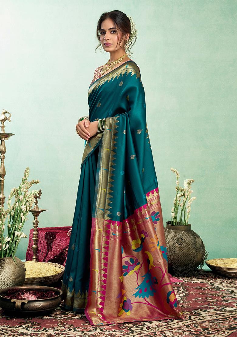 Teal Motif Silk Saree Set - Indya