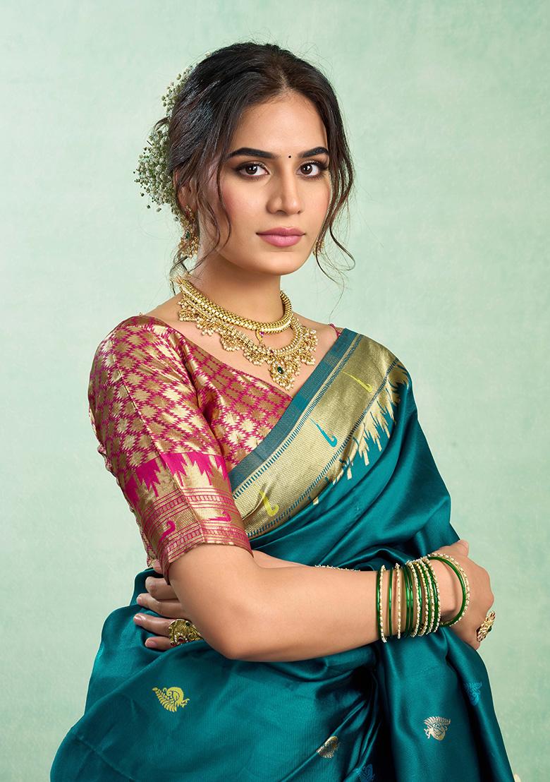 Teal Motif Silk Saree Set - Indya