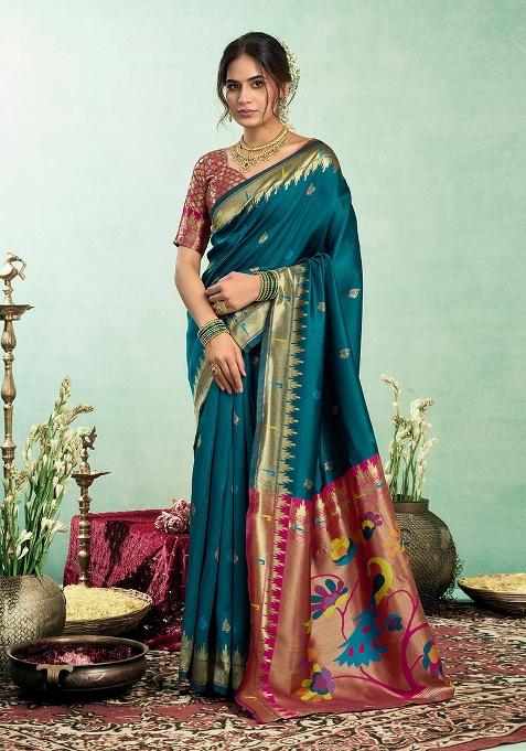 Teal Motif Silk Saree Set