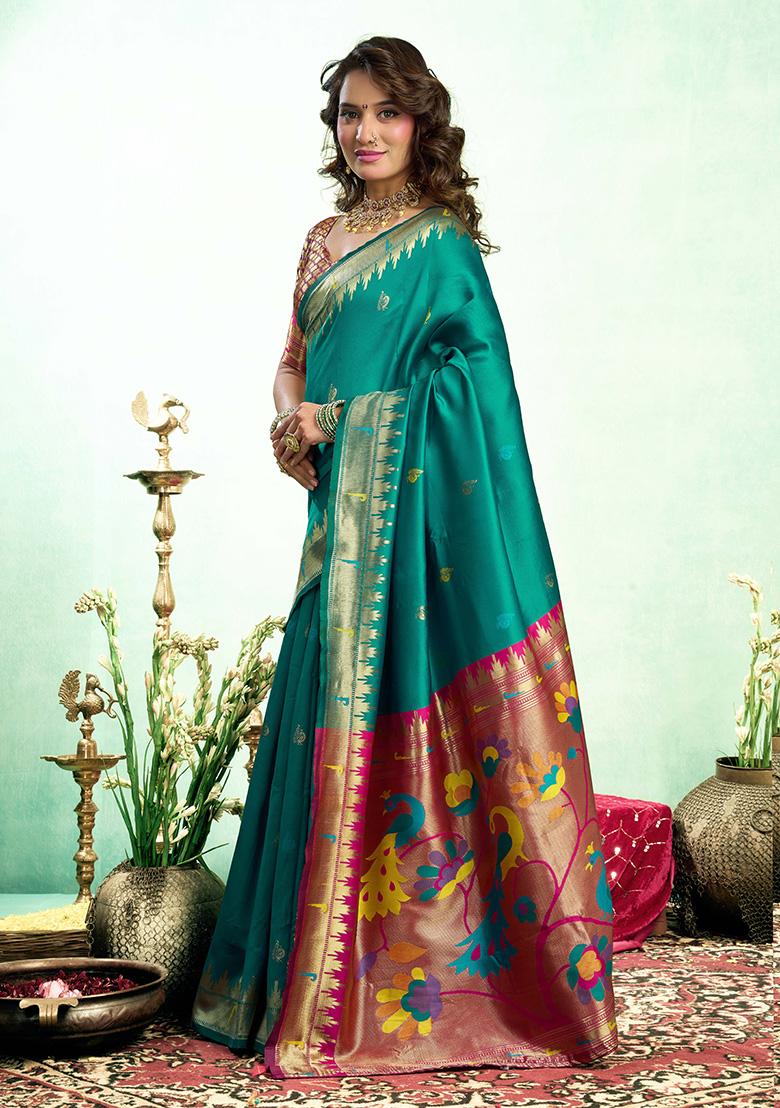 Green Motif Silk Saree Set - Indya
