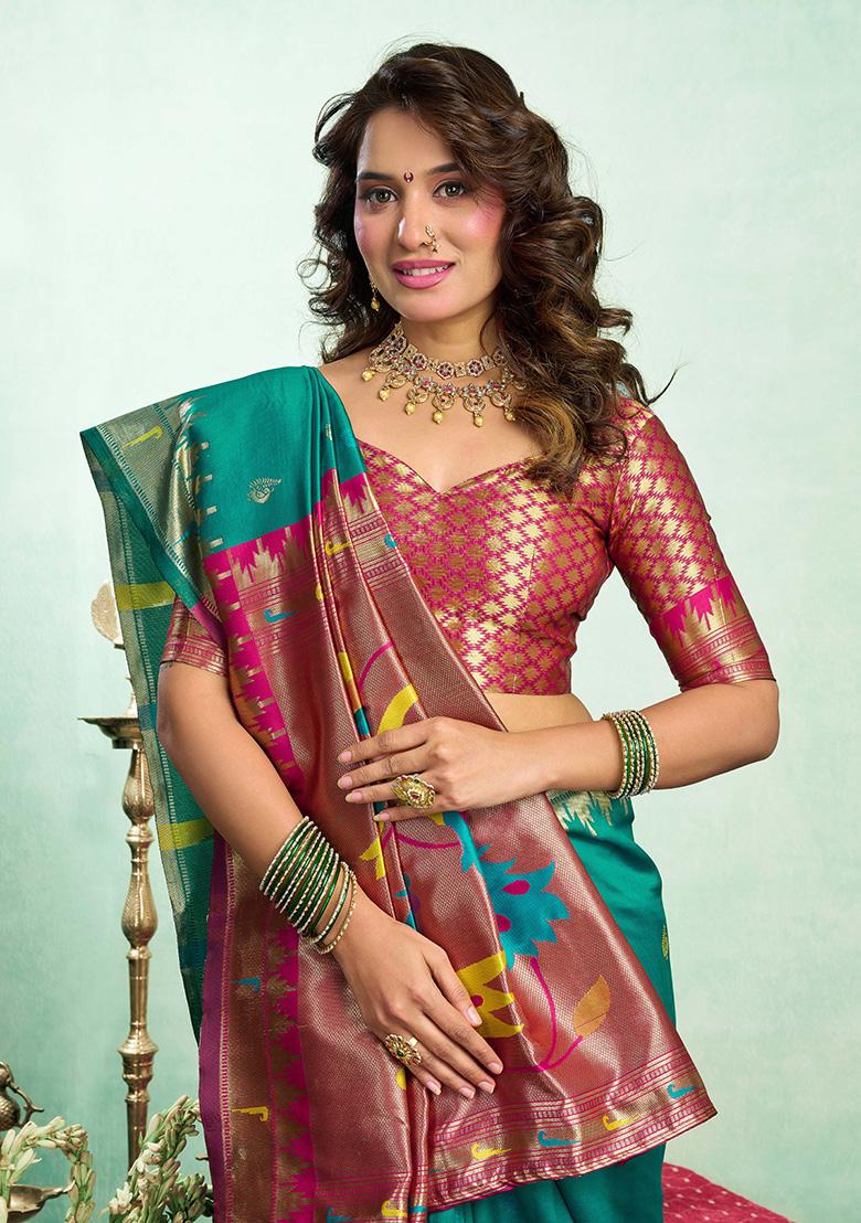 Green Motif Silk Saree Set - Indya