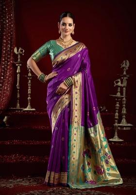 Purple Motif Silk Saree Set
