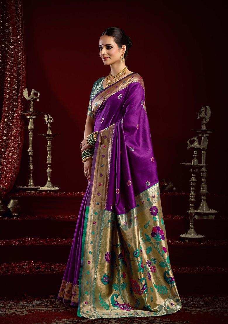 Purple Motif Silk Saree Set - Indya
