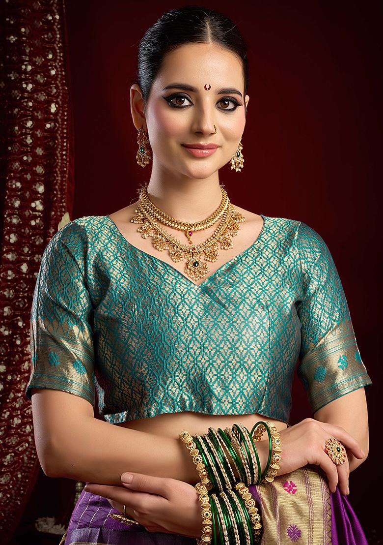 Purple Motif Silk Saree Set - Indya