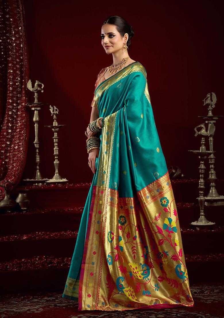 Aqua Blue Motif Silk Saree Set - Indya