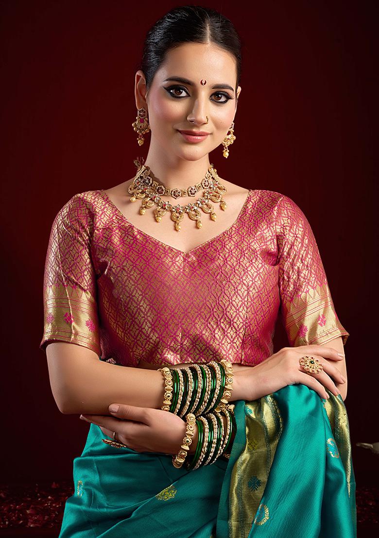 Aqua Blue Motif Silk Saree Set - Indya