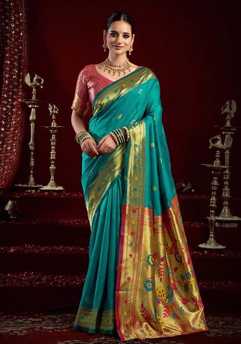 Aqua Blue Motif Silk Saree Set