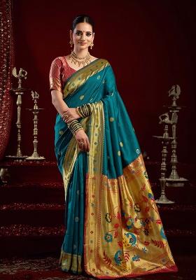 Teal Motif Silk Saree Set