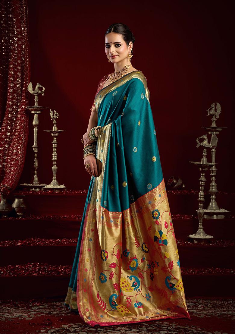 Teal Motif Silk Saree Set - Indya