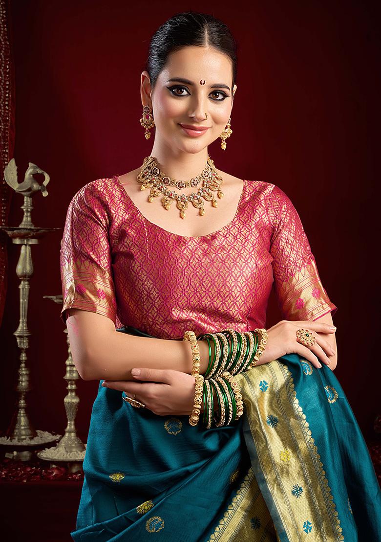 Teal Motif Silk Saree Set - Indya